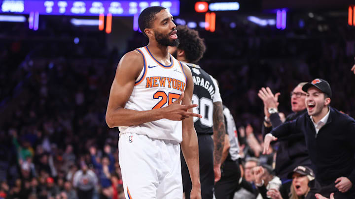 Dec 25, 2024; New York, New York, USA;  New York Knicks forward Mikal Bridges (25) gestures after making a three point shot in the third quarter against the San Antonio Spurs at Madison Square Garden. Mandatory Credit: Wendell Cruz-Imagn Images