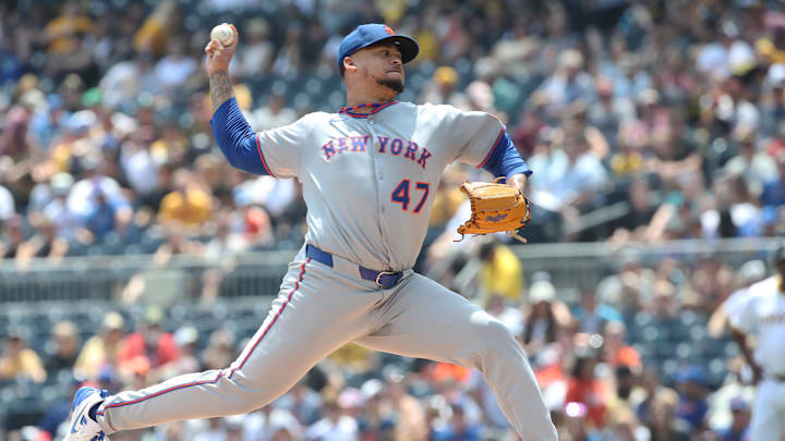 Jun 29, 2025; Pittsburgh, Pennsylvania, USA; New York Mets starting pitcher Frankie Montas (47) delivers a pitch against the Pittsburgh Pirates during the first inning at PNC Park. Mandatory Credit: Charles LeClaire-Imagn Images Jun 29, 2025; Pittsburgh, Pennsylvania, USA; New York Mets starting pitcher Frankie Montas (47) delivers a pitch against the Pittsburgh Pirates during the first inning at PNC Park. Mandatory Credit: Charles LeClaire-Imagn Images