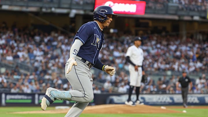 Tampa Bay Rays shortstop Wander Franco (5) runs the bases after his solo home run during the third inning against New York Yankees starting pitcher Jhony Brito (76) at Yankee Stadium on July 31. Tampa Bay Rays shortstop Wander Franco (5) runs the bases after his solo home run during the third inning against New York Yankees starting pitcher Jhony Brito (76) at Yankee Stadium on July 31.