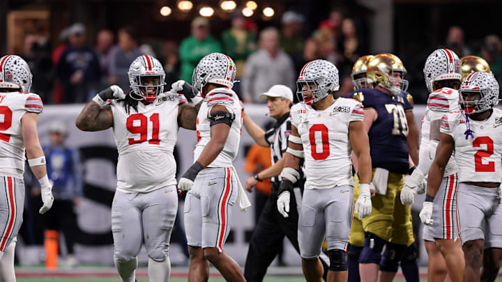 Jan 20, 2025; Atlanta, GA, USA; Ohio State Buckeyes defensive tackle Tyleik Williams (91) reacts after a play against the Notre Dame Fighting Irish during the second half the CFP National Championship college football game at Mercedes-Benz Stadium. Mandatory Credit: Brett Davis-Imagn Images