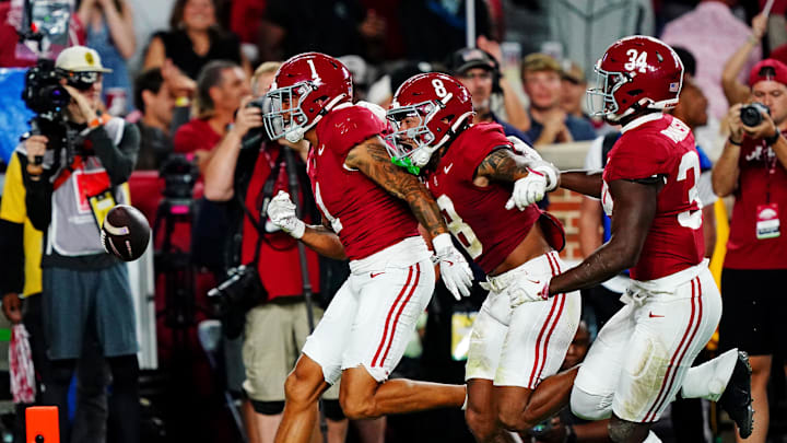 Sep 28, 2024; Tuscaloosa, Alabama, USA; Alabama Crimson Tide defensive back Domani Jackson (1) celebrates after making an interception during the first quarter against the Georgia Bulldogs at Bryant-Denny Stadium. Mandatory Credit: John David Mercer-Imagn Images