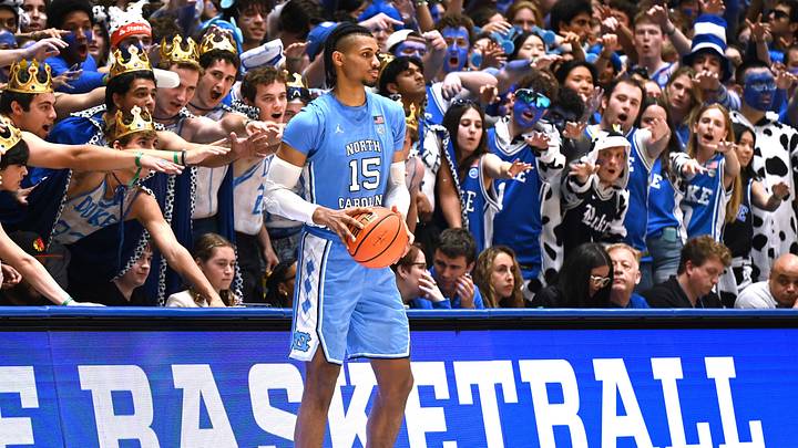 Mar 7, 2026; Durham, North Carolina, USA; North Carolina Tar Heels forward Jarin Stevenson (15) is harassed by Duke Blue Devils fans as he attempts to inbound the ball during the second half at Cameron Indoor Stadium.  The Duke Blue Devils won 76-61. Mandatory Credit: Rob Kinnan-Imagn Images