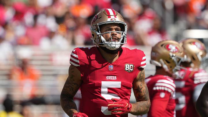 Oct 4, 2026; Santa Clara, California, USA; San Francisco 49ers wide receiver Mike Evans (5) during the first quarter against the Denver Broncos at Levi's Stadium. Mandatory Credit: Darren Yamashita-Imagn Images