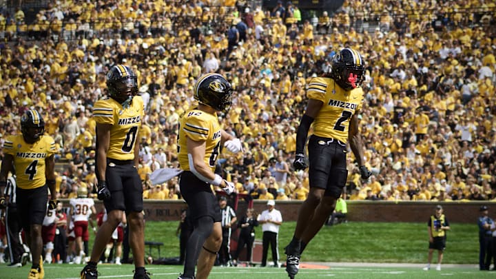 Sep 14, 2024; Columbia, Missouri, USA; Missouri Tigers wide receiver Marquis Johnson (2) celebrates after a punt-return tackle against the Boston College Eagles at Faurot Field at Memorial Stadium.