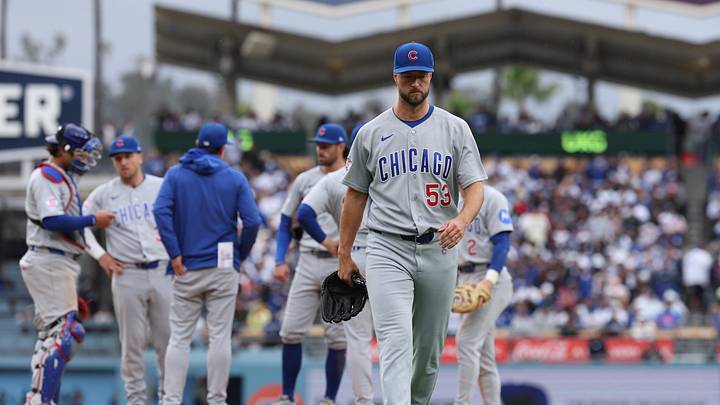 Apr 25, 2026; Los Angeles, California, USA; Chicago Cubs starting pitcher Colin Rea (53) walks to the dugout after a pitching change against the Los Angeles Dodgers during the fourth inning at Dodger Stadium. Mandatory Credit: Kiyoshi Mio-Imagn Images
