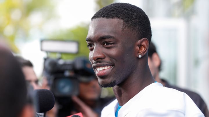 Detroit Lions cornerback Terrion Arnold (0) speaks to media members during rookie minicamp at Detroit Lions headquarters and practice facility in Allen Park on Friday, May 10, 2024.