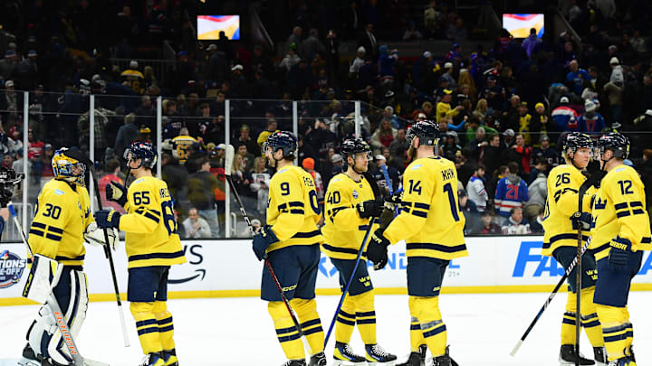 Feb 17, 2025; Boston, MA, USA; [Imagn Images direct customers only]  Team Sweden celebrates after defeating Team USA during a 4 Nations Face-Off ice hockey game at TD Garden. Mandatory Credit: Bob DeChiara-Imagn Images