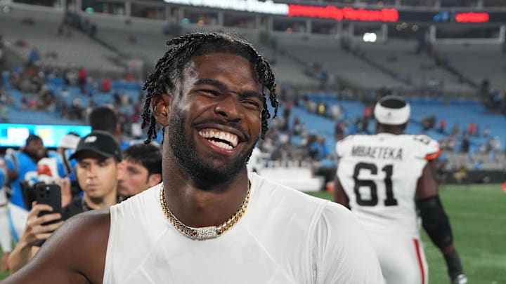 Aug 8, 2025; Charlotte, North Carolina, USA;  Cleveland Browns quarterback Shedeur Sanders (12) reacts after the game at Bank of America Stadium. Mandatory Credit: Bob Donnan-Imagn Images