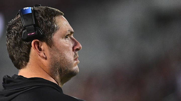 Sep 14, 2024; Starkville, Mississippi, USA;  Mississippi State Bulldogs head coach Jeff Lebby stands on the sidelines during the second quarter of the game against the Toledo Rockets at Davis Wade Stadium at Scott Field. Mandatory Credit: Matt Bush-Imagn Images