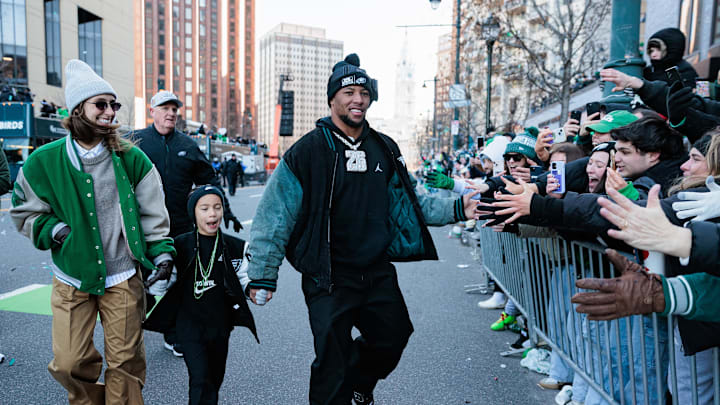 Feb 14, 2025; Philadelphia, PA, USA; Philadelphia Eagles running back Saquon Barkley (26) celebrates during the Super Bowl LIX championship parade and rally. Mandatory Credit: Caean Couto-Imagn Images Feb 14, 2025; Philadelphia, PA, USA; Philadelphia Eagles running back Saquon Barkley (26) celebrates during the Super Bowl LIX championship parade and rally. Mandatory Credit: Caean Couto-Imagn Images