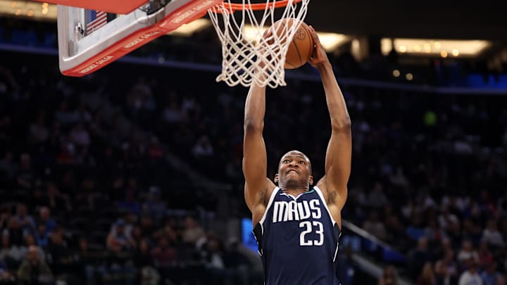 Apr 5, 2025; Inglewood, California, USA; Dallas Mavericks forward Kai Jones (23) dunks the ball during the second half against the Los Angeles Clippers at Intuit Dome. Mandatory Credit: Kiyoshi Mio-Imagn Images Apr 5, 2025; Inglewood, California, USA; Dallas Mavericks forward Kai Jones (23) dunks the ball during the second half against the Los Angeles Clippers at Intuit Dome. Mandatory Credit: Kiyoshi Mio-Imagn Images