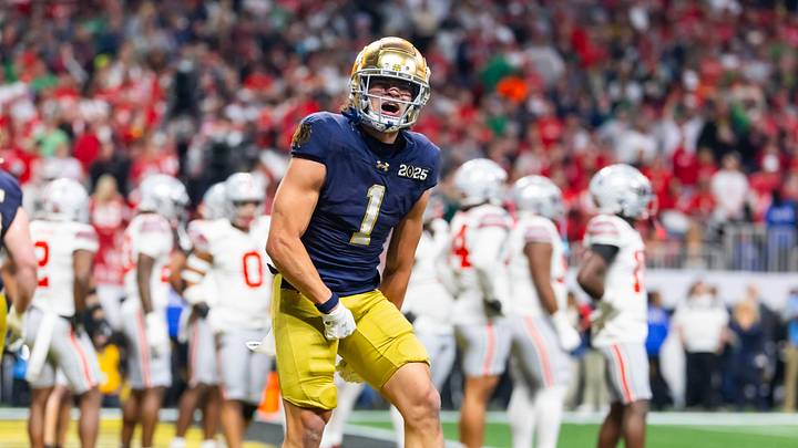 Jan 20, 2025; Atlanta, GA, USA; Notre Dame Fighting Irish wide receiver Jaden Greathouse (1) celebrates a touchdown against the Ohio State Buckeyes during the CFP National Championship college football game at Mercedes-Benz Stadium. Mandatory Credit: Mark J. Rebilas-Imagn Images Jan 20, 2025; Atlanta, GA, USA; Notre Dame Fighting Irish wide receiver Jaden Greathouse (1) celebrates a touchdown against the Ohio State Buckeyes during the CFP National Championship college football game at Mercedes-Benz Stadium. Mandatory Credit: Mark J. Rebilas-Imagn Images