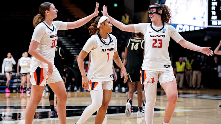 Illinois forward Cearah Parchment (30), guard Aaliyah Guyton (1), and forward Berry Wallace (23) celebrate defeating Colorado in the first round of the NCAA college basketball tournament at Memorial Gym in Nashville, Tenn., Saturday, March 21, 2026.