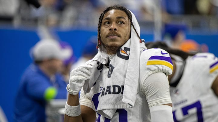 Jan 7, 2024; Detroit, Michigan, USA; Minnesota Vikings wide receiver Justin Jefferson (18) looks at