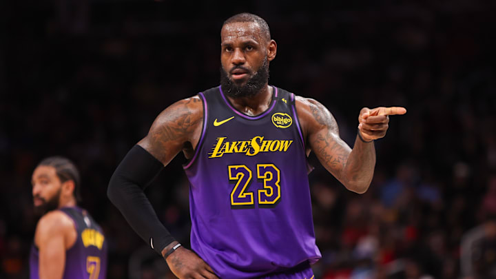 Dec 6, 2024; Atlanta, Georgia, USA; Los Angeles Lakers forward LeBron James (23) in action against the Atlanta Hawks in the second quarter at State Farm Arena. Mandatory Credit: Brett Davis-Imagn Images