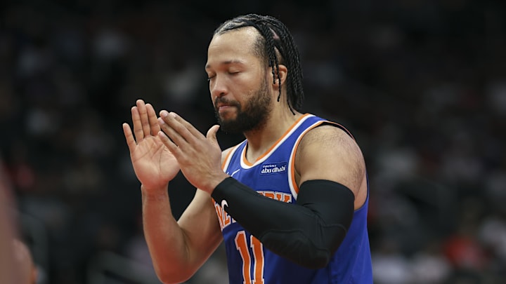 Mar 31, 2026; Houston, Texas, USA; New York Knicks guard Jalen Brunson (11) walks on the court before the game against the Houston Rockets at Toyota Center. Mandatory Credit: Troy Taormina-Imagn Images