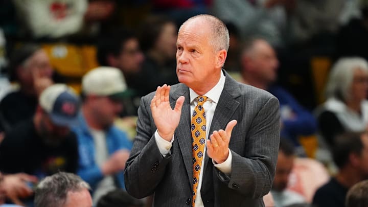 Jan 20, 2026; Boulder, Colorado, USA; Colorado Buffaloes head coach Tad Boyle during the second half against the Kansas Jayhawks at the CU Events Center. Mandatory Credit: Ron Chenoy-Imagn Images