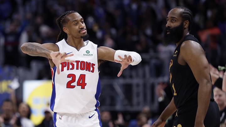 May 7, 2026; Detroit, Michigan, USA; Detroit Pistons guard Daniss Jenkins (24) celebrates a three-point basket in front of Cleveland Cavaliers guard James Harden (1) in the second half during game two of the second round of the 2026 NBA Playoffs at Little Caesars Arena. Mandatory Credit: Rick Osentoski-Imagn Images