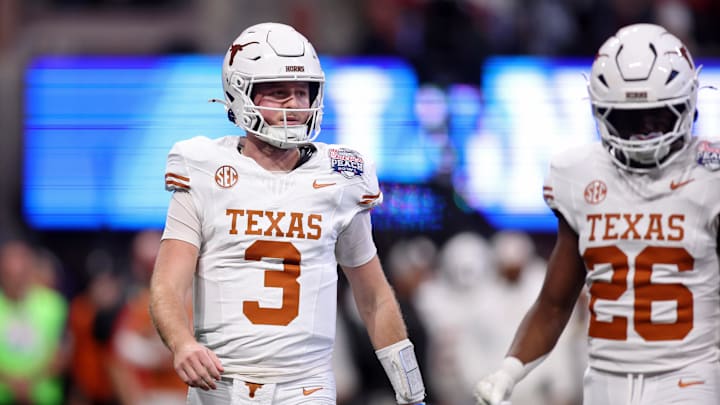 Jan 1, 2025; Atlanta, GA, USA; Texas Longhorns quarterback Quinn Ewers (3) looks on during the first half of the Peach Bowl at Mercedes-Benz Stadium. Mandatory Credit: Brett Davis-Imagn Images
