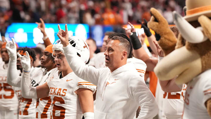 Dec 7, 2024; Atlanta, GA, USA; Texas Longhorns head coach Steve Sarkisian reacts after losing in overtime against the Georgia Bulldogs in the 2024 SEC Championship game at Mercedes-Benz Stadium. Mandatory Credit: Dale Zanine-Imagn Images