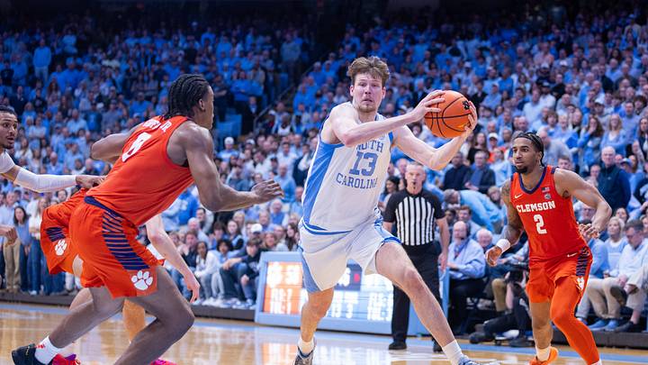 Mar 3, 2026; Chapel Hill, North Carolina, USA; North Carolina Tar Heels center Henri Veesaar (13) drives to the basket during the second half against the Clemson Tigers at Dean E. Smith Center. Mandatory Credit: Scott Kinser-Imagn Images Mar 3, 2026; Chapel Hill, North Carolina, USA; North Carolina Tar Heels center Henri Veesaar (13) drives to the basket during the second half against the Clemson Tigers at Dean E. Smith Center. Mandatory Credit: Scott Kinser-Imagn Images
