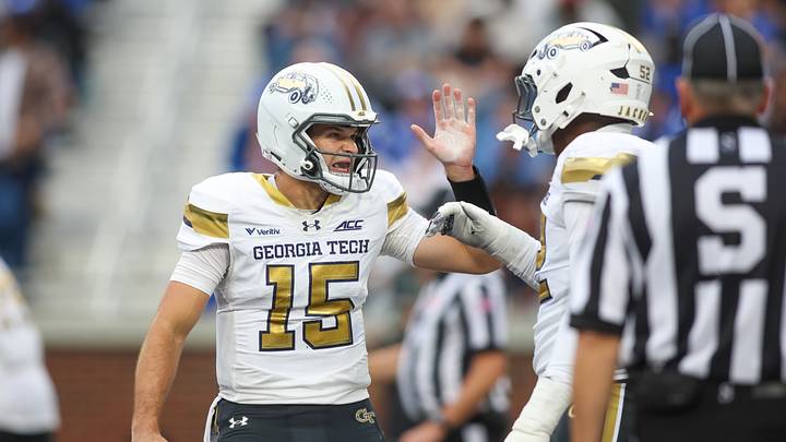 Oct 10, 2026; Atlanta, Georgia, USA; Georgia Tech Yellow Jackets quarterback Alberto Mendoza (15) celebrates with offensive lineman Kevin Peay Jr. (52) after a touchdown against the Duke Blue Devils in the second quarter at Bobby Dodd Stadium at Hyundai Field. Mandatory Credit: Brett Davis-Imagn Images