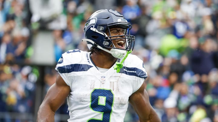 Sep 24, 2023; Seattle, Washington, USA; Seattle Seahawks running back Kenneth Walker III (9) reacts