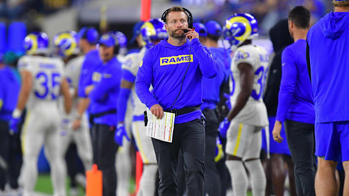 Oct 24, 2024; Inglewood, California, USA; Los Angeles Rams head coach Sean McVay watches game action against the Minnesota Vikings during the first half at SoFi Stadium. Mandatory Credit: Gary A. Vasquez-Imagn Images