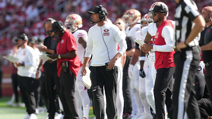 Sep 21, 2025; Santa Clara, California, USA; San Francisco 49ers head coach Kyle Shanahan on the sidelines against the Arizona Cardinals during the second half at Levi's Stadium. Mandatory Credit: Cary Edmondson-Imagn Images