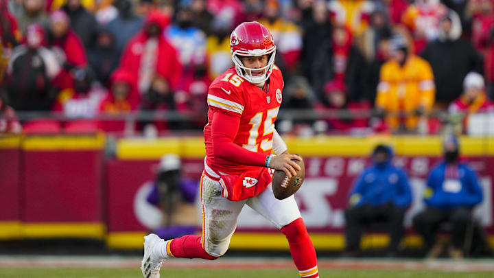 Dec 14, 2025; Kansas City, Missouri, USA; Kansas City Chiefs quarterback Patrick Mahomes (15) runs the ball during the second half against the Los Angeles Chargers at GEHA Field at Arrowhead Stadium. Mandatory Credit: Jay Biggerstaff-Imagn Images