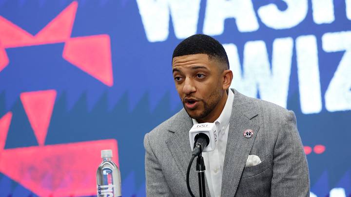 Jan 9, 2026; Washington, District of Columbia, USA; Washington Wizards general manager Will Dawkins introduces newly acquired Wizards guard Trae Young (not pictured) at a press conference prior to the Wizards' game against the New Orleans Pelicans at Capital One Arena. Mandatory Credit: Geoff Burke-Imagn Images Jan 9, 2026; Washington, District of Columbia, USA; Washington Wizards general manager Will Dawkins introduces newly acquired Wizards guard Trae Young (not pictured) at a press conference prior to the Wizards' game against the New Orleans Pelicans at Capital One Arena. Mandatory Credit: Geoff Burke-Imagn Images