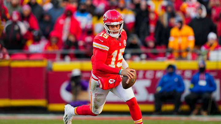 Dec 14, 2025; Kansas City, Missouri, USA; Kansas City Chiefs quarterback Patrick Mahomes (15) runs the ball during the second half against the Los Angeles Chargers at GEHA Field at Arrowhead Stadium. Dec 14, 2025; Kansas City, Missouri, USA; Kansas City Chiefs quarterback Patrick Mahomes (15) runs the ball during the second half against the Los Angeles Chargers at GEHA Field at Arrowhead Stadium.