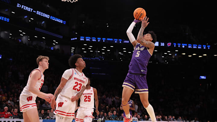 Mar 22, 2024; Brooklyn, NY, USA; James Madison Dukes guard Terrence Edwards Jr. (5) shoots the ball
