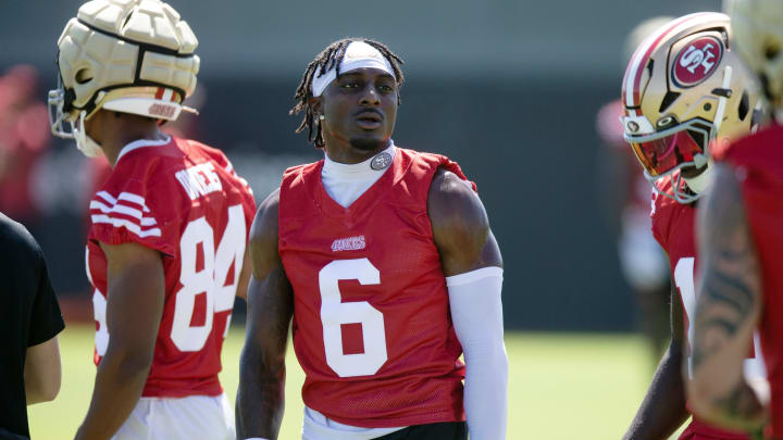 Jul 26, 2024; Santa Clara, CA, USA; San Francisco 49ers wide receiver Danny Gray (6) pauses during Day 4 of training camp at SAP Performance Facility. Mandatory Credit: D. Ross Cameron-USA TODAY Sports Jul 26, 2024; Santa Clara, CA, USA; San Francisco 49ers wide receiver Danny Gray (6) pauses during Day 4 of training camp at SAP Performance Facility. Mandatory Credit: D. Ross Cameron-USA TODAY Sports