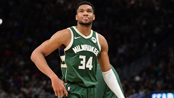Feb 27, 2025; Milwaukee, Wisconsin, USA;  Milwaukee Bucks forward Giannis Antetokounmpo (34) looks on in the third quarter against the Denver Nuggets at Fiserv Forum. Mandatory Credit: Benny Sieu-Imagn Images