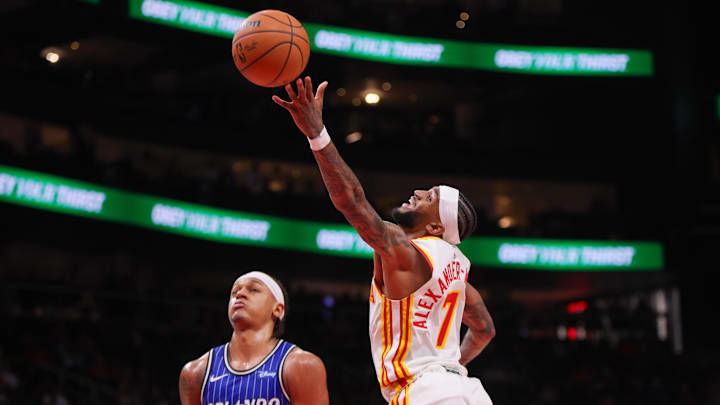 Nov 4, 2025; Atlanta, Georgia, USA; Atlanta Hawks guard Nickeil Alexander-Walker (7) shoots against the Orlando Magic in the fourth quarter at State Farm Arena. Mandatory Credit: Brett Davis-Imagn Images
