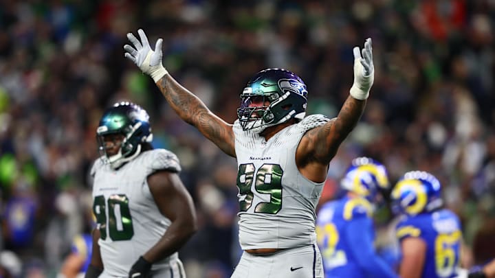 Dec 18, 2025; Seattle, Washington, USA; Seattle Seahawks defensive end Leonard Williams (99) reacts after a missed field goal by Los Angeles Rams in the fourth quarter at Lumen Field. Mandatory Credit: Kevin Ng-Imagn Images Dec 18, 2025; Seattle, Washington, USA; Seattle Seahawks defensive end Leonard Williams (99) reacts after a missed field goal by Los Angeles Rams in the fourth quarter at Lumen Field. Mandatory Credit: Kevin Ng-Imagn Images