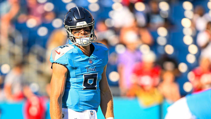 Aug 10, 2024; Nashville, Tennessee, USA; Tennessee Titans Will Levis (8)  during pregame warmupsat Nissan Stadium. Mandatory Credit: Steve Roberts-USA TODAY Sports