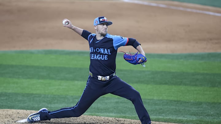 National League pitcher Jeff Hoffman of the Philadelphia Phillies (23) pitches in the eight inning during the 2024 MLB All-Star game at Globe Life Field.
