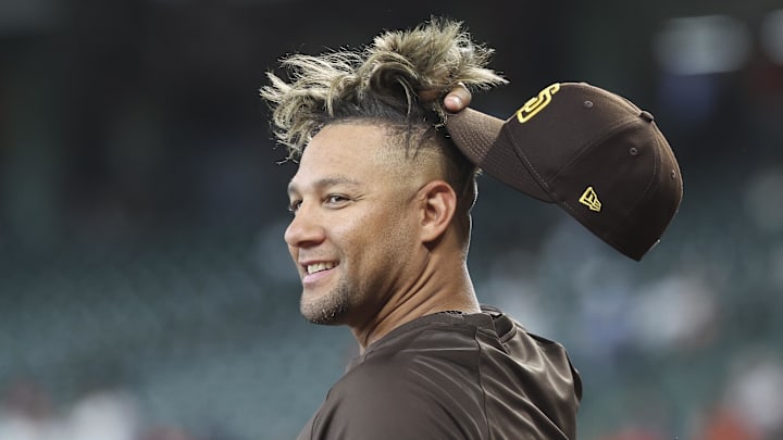 Apr 18, 2025; Houston, Texas, USA; San Diego Padres first baseman Yuli Gurriel (10) looks on during batting practice before the game against the Houston Astros at Daikin Park. Mandatory Credit: Troy Taormina-Imagn Images