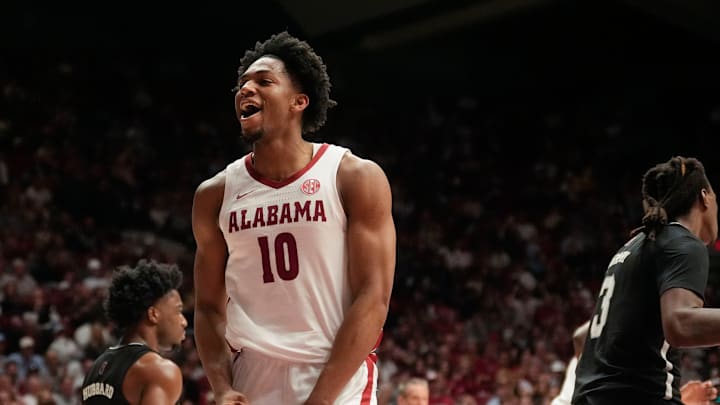 Feb 25, 2025; Tuscaloosa, AL, USA; Alabama forward Mouhamed Dioubate (10) reacts after getting a dunk against Mississippi State at Coleman Coliseum. Mandatory Credit: Gary Cosby Jr.-Tuscaloosa News Feb 25, 2025; Tuscaloosa, AL, USA; Alabama forward Mouhamed Dioubate (10) reacts after getting a dunk against Mississippi State at Coleman Coliseum. Mandatory Credit: Gary Cosby Jr.-Tuscaloosa News