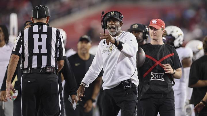 Sep 12, 2025; Houston, Texas, USA; Colorado Buffaloes head coach Deion Sanders reacts after a play during the third quarter against the Houston Cougars at TDECU Stadium. Mandatory Credit: Troy Taormina-Imagn Images