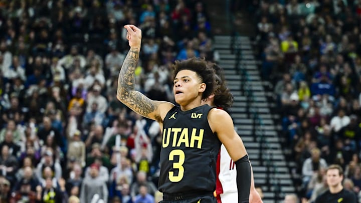 Dec 31, 2022; Salt Lake City, Utah, USA; Utah Jazz guard Keyonte George (3) reacts after making a