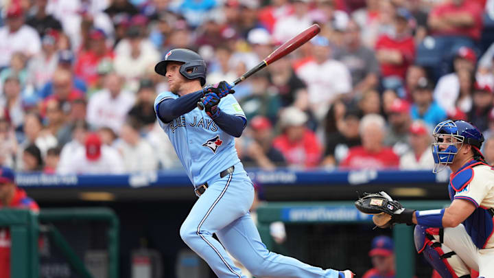 Jun 14, 2025; Philadelphia, Pennsylvania, USA; Toronto Blue Jays outfielder Myles Straw (3) hits an RBI single against the Philadelphia Phillies in the second inning at Citizens Bank Park. Mandatory Credit: Kyle Ross-Imagn Images