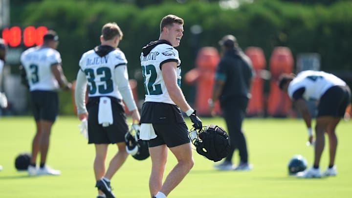 Jul 24, 2025; Philadelphia, PA, USA; Philadelphia Eagles safety Reed Blankenship reacts during training camp at NovaCare Complex. Mandatory Credit: Kyle Ross-Imagn Images