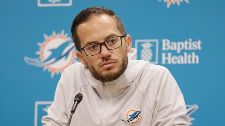 Jun 6, 2023; Miami Gardens, FL, USA; Miami Dolphins head coach Mike McDaniel looks on during a press