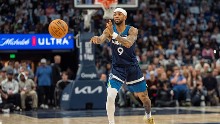 Apr 27, 2025; Minneapolis, Minnesota, USA; Minnesota Timberwolves guard Nickeil Alexander-Walker (9) passes in the third quarter against the Los Angeles Lakers during game four of first round for the 2025 NBA Playoffs at Target Center. Mandatory Credit: Matt Blewett-Imagn Images Apr 27, 2025; Minneapolis, Minnesota, USA; Minnesota Timberwolves guard Nickeil Alexander-Walker (9) passes in the third quarter against the Los Angeles Lakers during game four of first round for the 2025 NBA Playoffs at Target Center. Mandatory Credit: Matt Blewett-Imagn Images