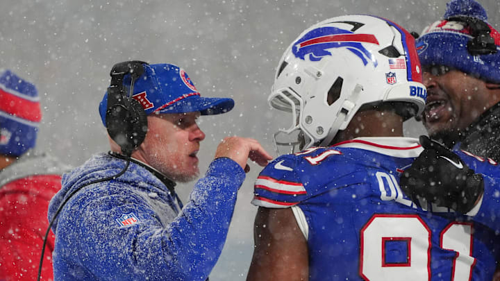 Dec 1, 2024; Orchard Park, New York, USA; Buffalo Bills head coach Sean McDermott speaks with Buffalo Bills defensive tackle Ed Oliver (91)