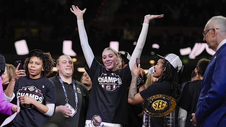 Mar 9, 2025; Greenville, SC, USA; South Carolina Gamecocks forward Chloe Kitts (21) wins the MVP for the SEC women’s tournament during the second half at Bon Secours Wellness Arena. Mandatory Credit: Jim Dedmon-Imagn Images