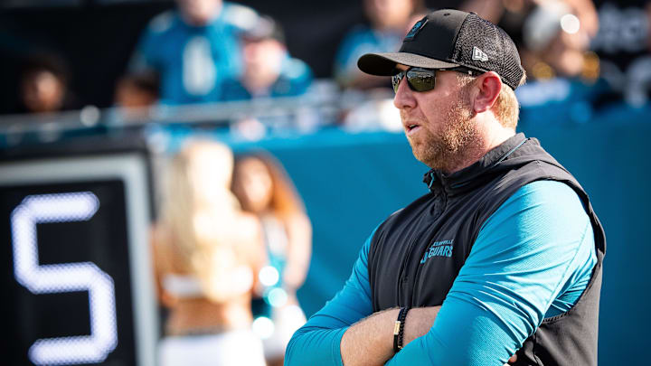 Jacksonville Jaguars head coach Liam Coen watches his team warm up before an NFL scrimmage at EverBank Stadium Friday August 1, 2025, in Jacksonville, Fla. [Doug Engle/Florida Times-Union]